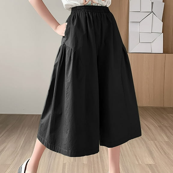 Tbopshirt Pants for Women Plus Size Women's Elastic Waist Solid Color Double Pocket Wide Leg Pant Skirt Suspended Cropped Pants Loose Causal Pants