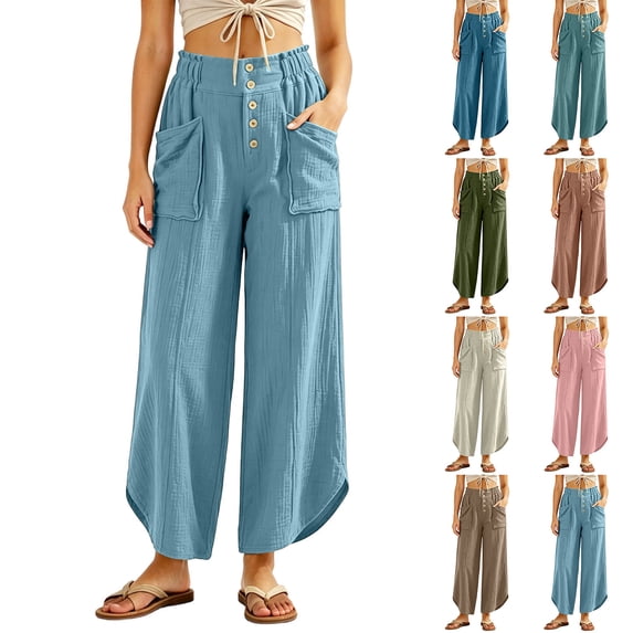 Tbopshirt Pants for Women Solid Color Loose Casual Long Pants with Pockets and Elastic Waist,Army Green,S-XXL