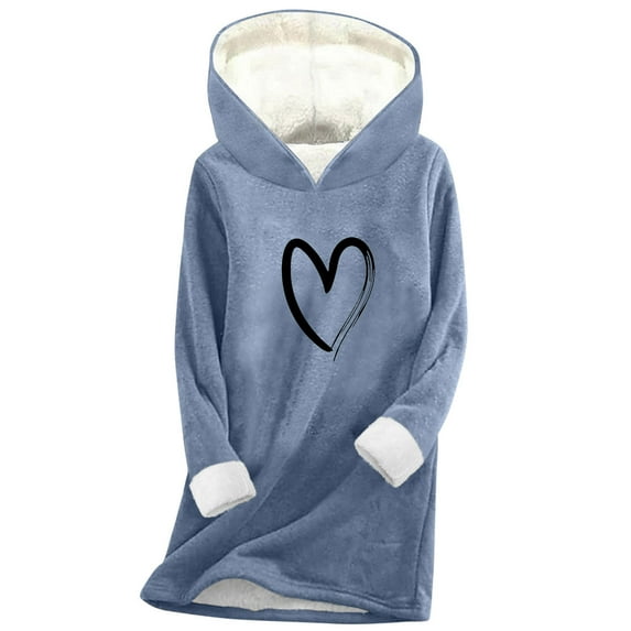 Tbopshirt Plus Size Hoodies for Women Graphic Valentine's Day Heart Long Sleeved Winter Fleece Sherpa Lined Thickened Fall Pullover Oversized Hooded Sweatshirt Blue,M