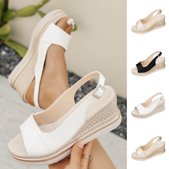 Tbopshirt Plus Size Wedge Sandals for Women Open Toe Summer Solid Color Wedge Heels with Arch Support