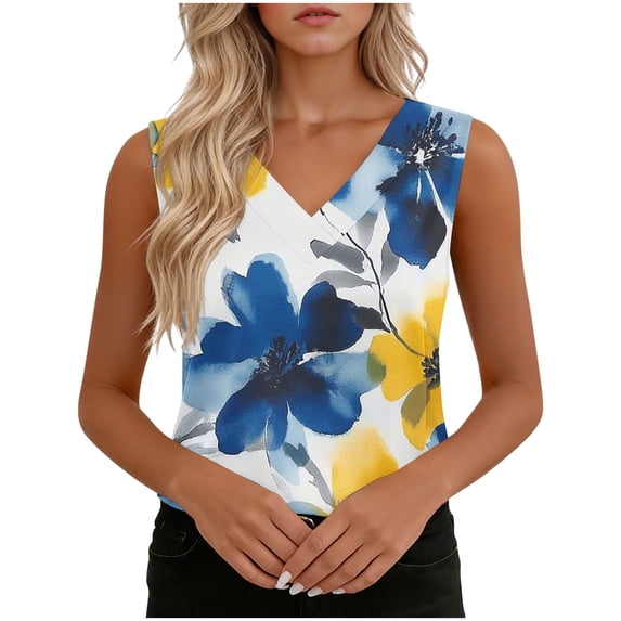 Tbopshirt Plus Size Womens Tank Tops Summer V Neck Floral Print Satin Sleeveless Dressy Blouses,2XL