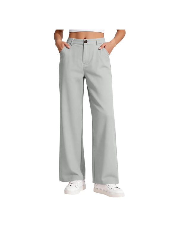 School Uniform Pants for Girls Suit Pants High Waist Wide Leg Dress Pants Kids Solid Straight Leg Dress Trousers with Pockets