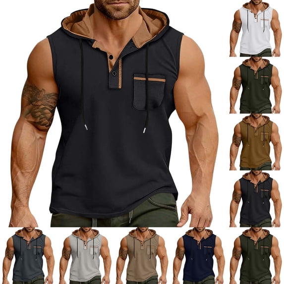 Tbopshirt Sleeveless Shirts for Men Plus Size Tank Tops Hooded Sweatshirt with Button Down Collar Hoodie for Sports and Leisure Summer Pullover with Pocket Top,S-3XL