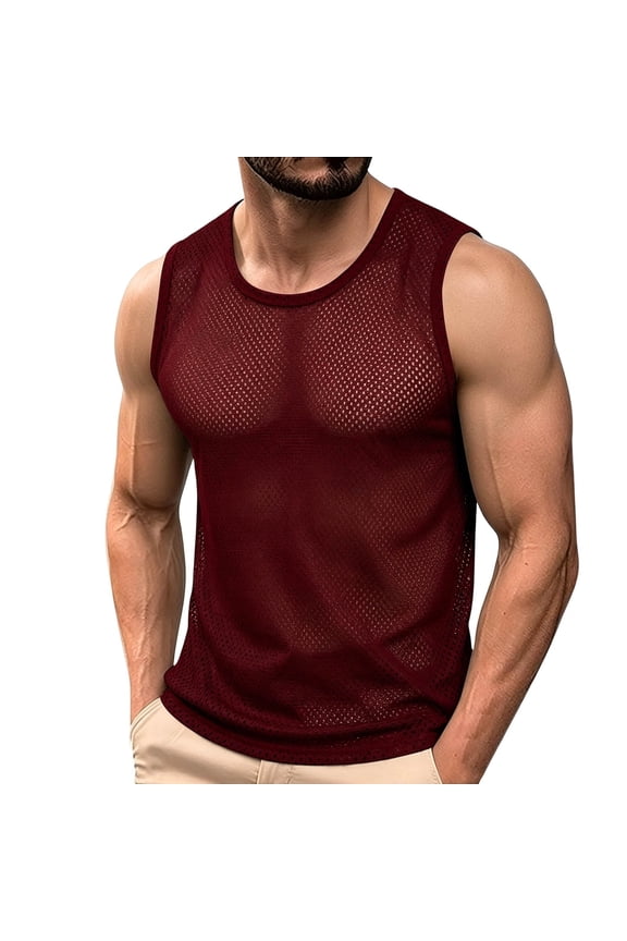 Sleeveless Shirts for Men Plus Size Tank Tops Summer Mesh Wide Shoulder Crew Neck Drying Breathable Solid Color Sleeveless Sports Base Layer,L-5XL
