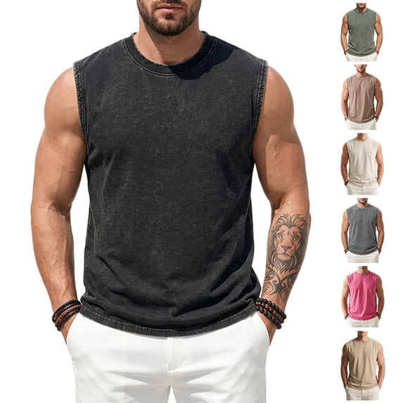 Tbopshirt Sleeveless Shirts for Men Plus Size Tank Tops Summer Solid Color Washed Vintage Round Neck T-shirt Trendy Sleeveless Short Sleeve Top,S-XXL