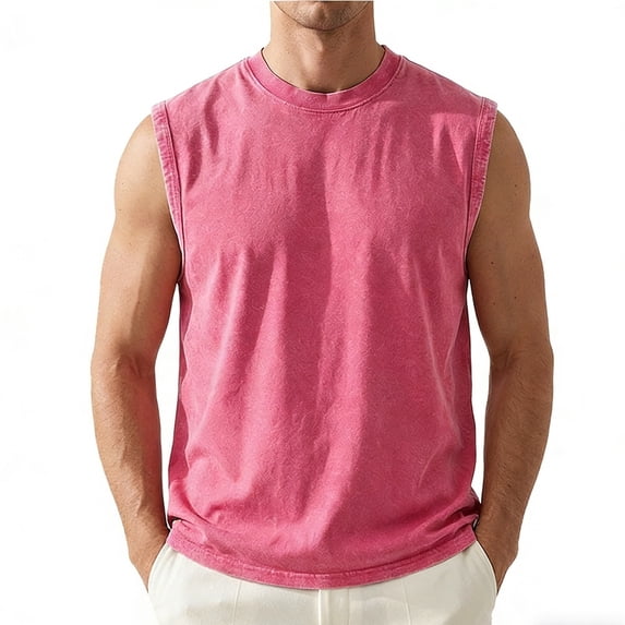 Tbopshirt Sleeveless Shirts for Men Plus Size Tank Tops Summer Solid Color Washed Vintage Round Neck T-shirt Trendy Sleeveless Short Sleeve Top,S-XXL