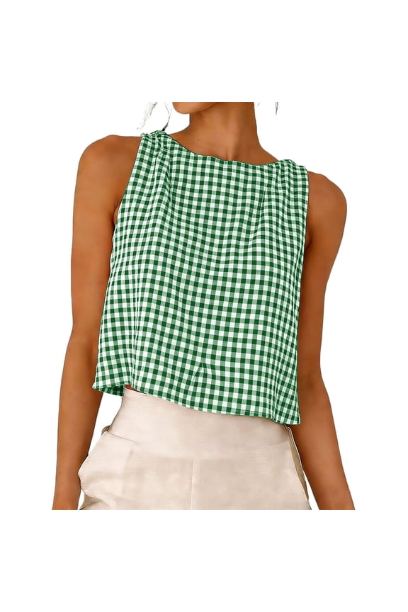 Sleeveless Tops for Women Reversible Check Top for Women 2 in 1 Crop Blouse with Button Back & Plain Front Round Neck Casual Summer Vacation Shirt for Beach Outfit,Green