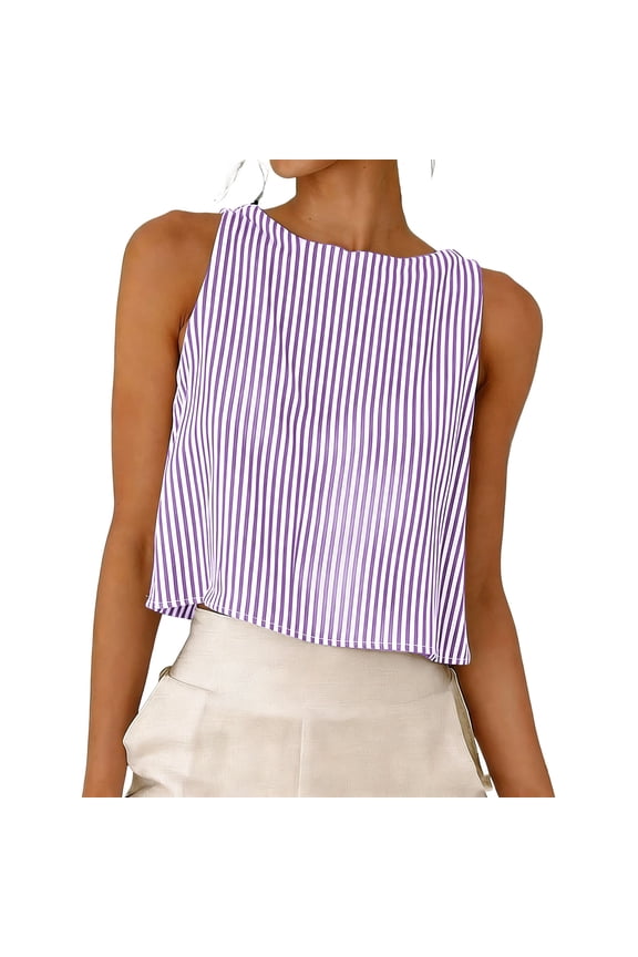 Sleeveless Tops for Women Reversible Vertical Stripe Crop Top for Women 2 in 1 Sleeveless Boat Neck Blouse with Button Back & Plain Front, Casual Summer Shirt for Beach Outfit,Purple
