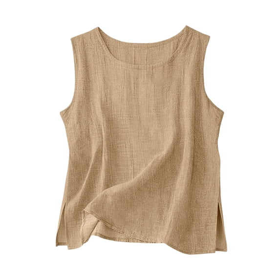 Tbopshirt Sleeveless Tops for Women Side Split Tank Top Round Neck Linen Shirt Breathable Summer Top Basic Casual Loose Fit Blouse,Khaki