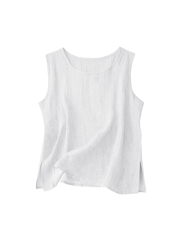 Sleeveless Tops for Women Side Split Tank Top Round Neck Linen Shirt Breathable Summer Top Basic Casual Loose Fit Blouse,White