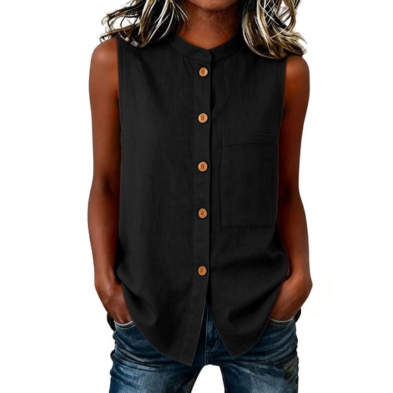 Tbopshirt Sleeveless Tops for Women Stand Collar Plus Size Shirt Button Front Linen Summer Blouse,Black