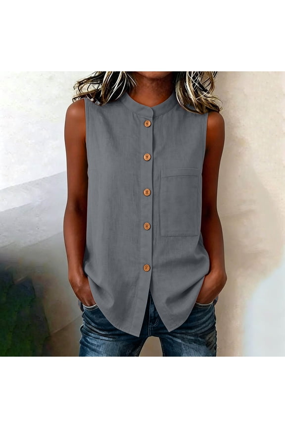 Sleeveless Tops for Women Stand Collar Plus Size Shirt Button Front Linen Summer Blouse,Gray