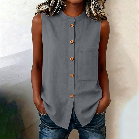 Tbopshirt Sleeveless Tops for Women Stand Collar Plus Size Shirt Button Front Linen Summer Blouse,Gray