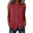 thumbnail image 1 of Tbopshirt Sleeveless Tops for Women Stand Collar Plus Size Shirt Button Front Linen Summer Blouse,Wine, 1 of 6