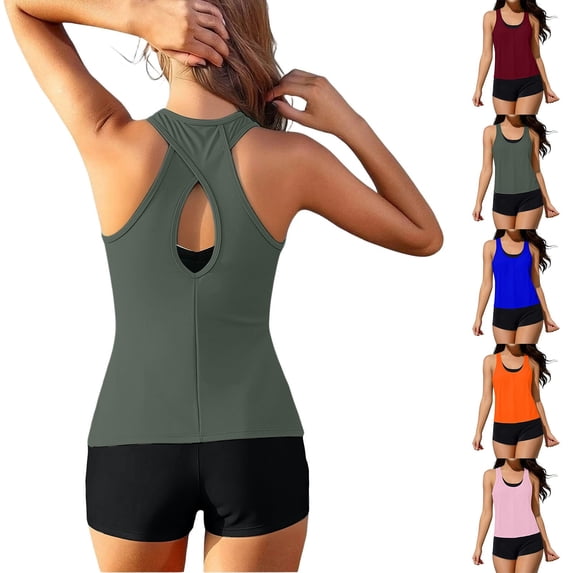 Tbopshirt Summer Bathing Suits Tummy Control 3 Piece Tankini Swimsuits for Women Swim Tank Tops with Bra and High Waist Bottom Beach