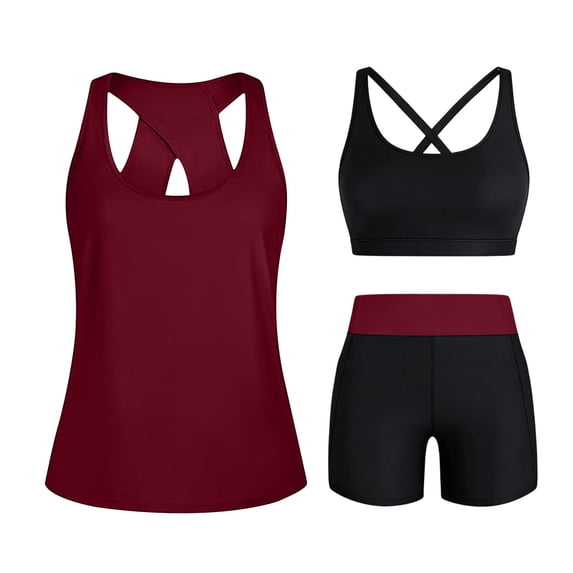 Tbopshirt Summer Bathing Suits Tummy Control 3 Piece Tankini Swimsuits for Women Swim Tank Tops with Bra and High Waist Bottom Beach