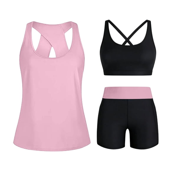 Tbopshirt Summer Bathing Suits Tummy Control 3 Piece Tankini Swimsuits for Women Swim Tank Tops with Bra and High Waist Bottom Beach