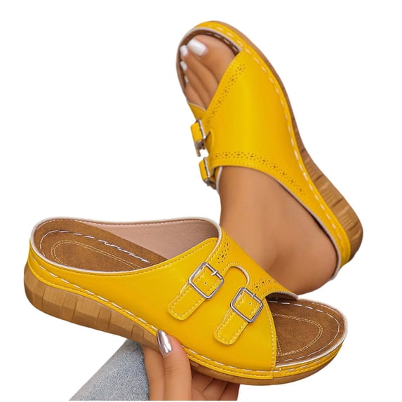 Tbopshirt Summer Orthopedic Sandals for Women Solid Color Wedge Heel Open Toe Beach Slides with Arch Support