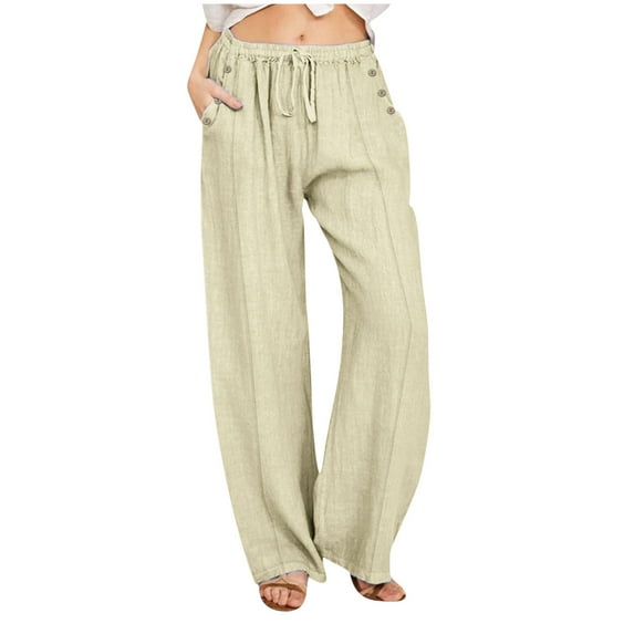 Tbopshirt Womens Casual Pants,Solid Cotton and Linen Drawstring Fake Buttons Loose Wide Leg Long Pants,Plus Size Linen Pants for Women