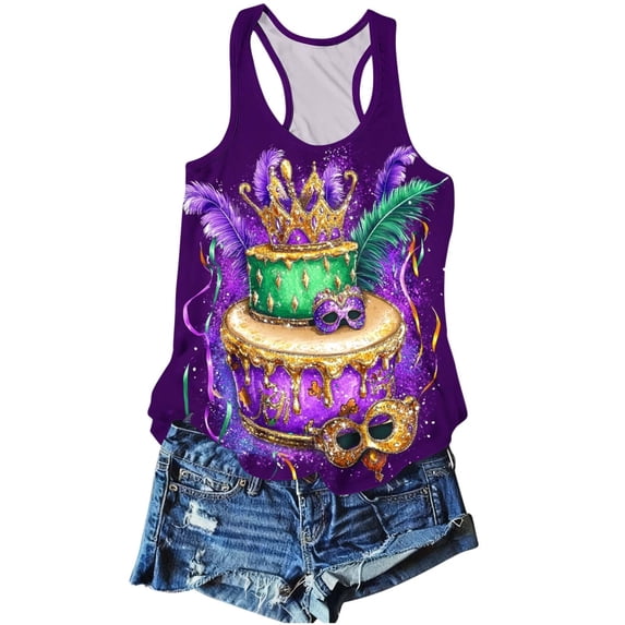 Tbopshirt Summer Tank Tops for Women Mardi Gras Graphic Round Neck Casual Sleeveless Carnival Shirts,L