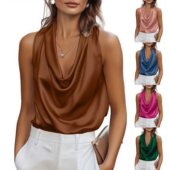 Tbopshirt Summer Tank Tops for Women V Neck Silk Satin Solid Color Sleeveless Off the Shoulder Basic Tanks Casual Trendy,L