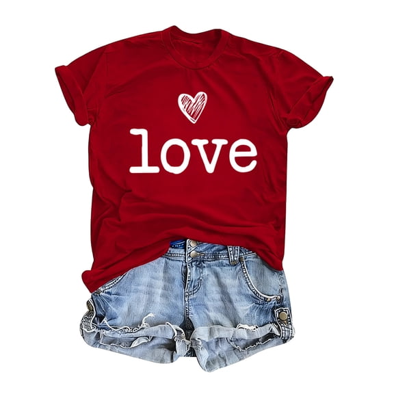 Tbopshirt Summer Tops for Women Graphic,Valentine's Day Heart Fun Print Crew Neck Short Sleeve Plus Size T-Shirts Red,XL