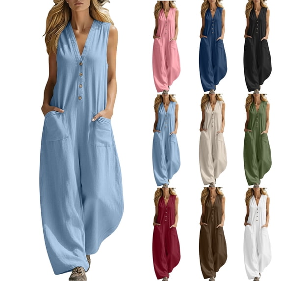 Tbopshirt Summer Womens Jumpsuits Cotton Linen Button Down V Neck Sleeveless Wide Leg Overalls with Pockets Casual Solid Color Loose
