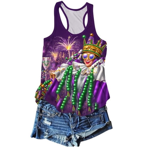 Tbopshirt Summer Womens Tank Tops Carnival Graphic Round Neck Casual Sleeveless Mardi Gras Shirts,M