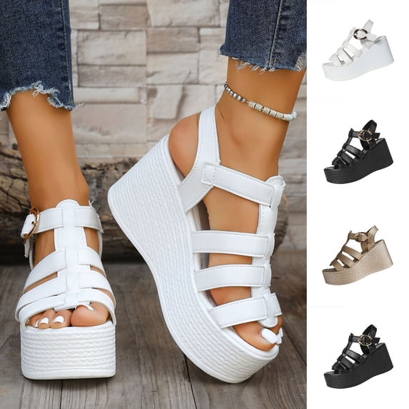 Tbopshirt Summer Womens Wedge Sandals Open Toe Solid Color Wedge Heels with Arch Support Plus Size