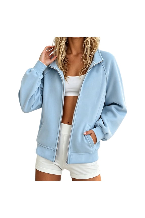 Sweatshirt Jacket for Women Stand Collar Full Zip Raglan Long Sleeve Rib Cuff Loose Casual Outerwear with Side Pockets for Fall Winter