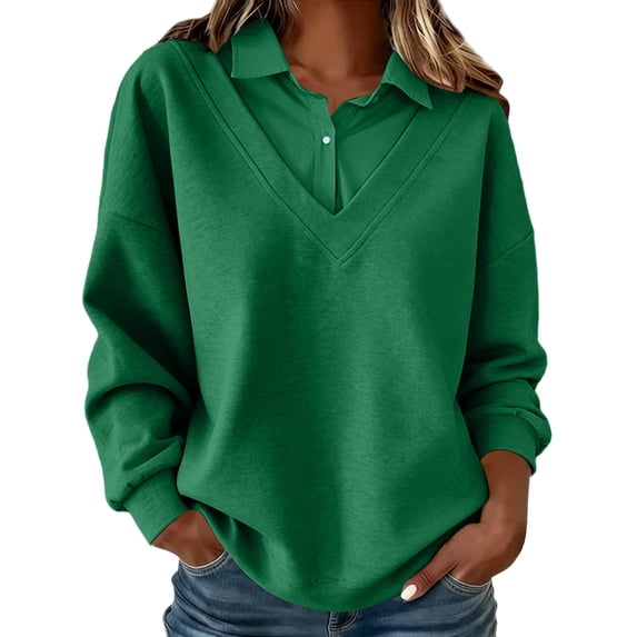 Tbopshirt Sweatshirts for Women Solid Color Shirt Lapel Patchwork Hoodie Sweatshirt V-Neck Long Sleeve Loose Casual Pullover with Collar Flap Flap Sports Top Hoodie,S-3XL