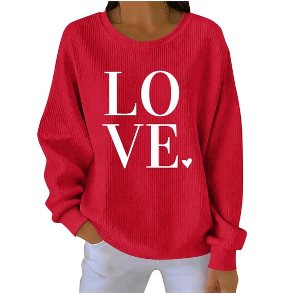 Tbopshirt Sweatshirts for Women Valentine's Day Love Heart Graphic Hoodless Long Sleeve Crewneck Knit Pullover Tops Red,L