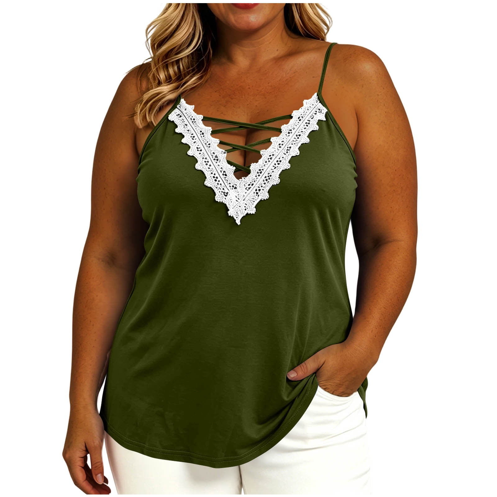 Tbopshirt Tank Tops for Women Plus Size Lace Trim Camisole Criss