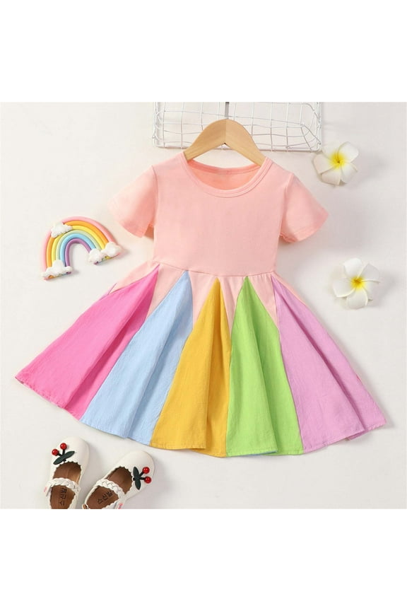 Toddler Clothing,Toddler Kids Baby Girls Fashion Cute Short Sleeve Sweet Rainbow Stitching Ruffle Dress
