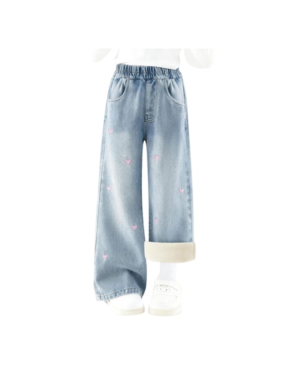 Tween Girls Jeans Fleece Lined Wide Leg Pull On Elastic Waist Heart Embroidered Bottoms Denim Pants for Winter School Everyday Wear