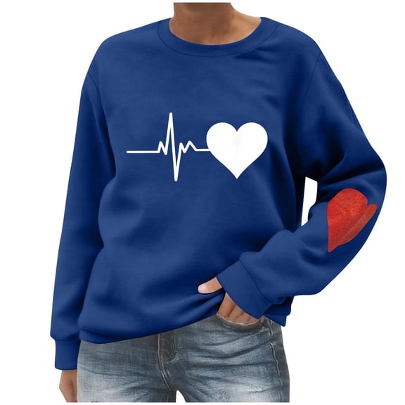 Tbopshirt Valentine Sweatshirts for Women Love Heart Print Casual Long Sleeve Round Neck Loose Pullover Hoodless Tops Blue,M