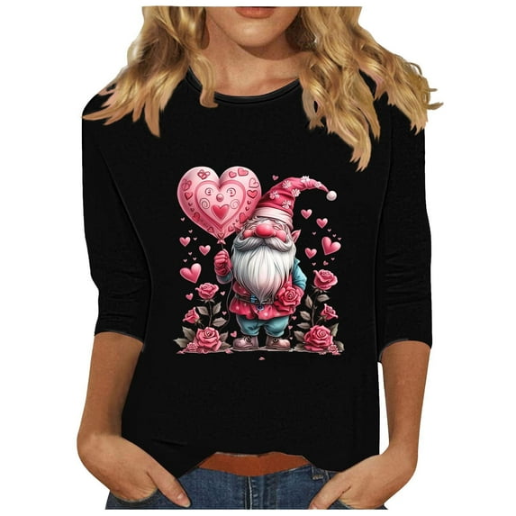 Tbopshirt Valentine's Day T-Shirts for Women Plus Size,Valentines Day 2025 Ladies Plus Size Crop Tops 3/4 Sleeve Cute Printed Graphic Tee Pullover Shirts,S-XXL