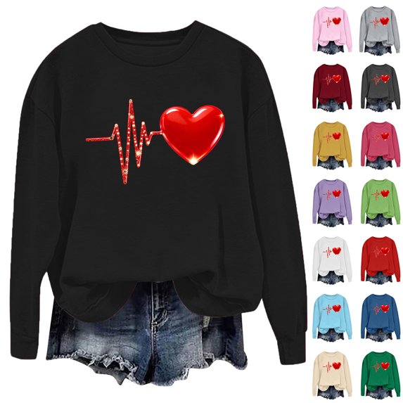 Tbopshirt Valentine's Day Sweatshirt for Women Crew Neck Heart Graphic Loose Hoodless Sweatshirts Long Sleeve Pullover Tops Beige,L