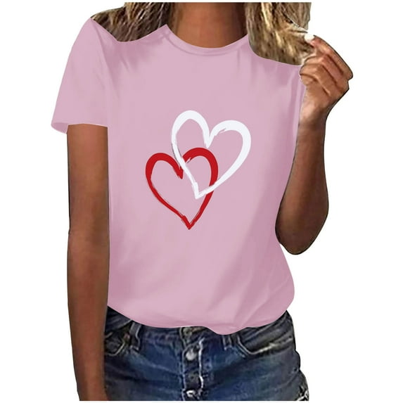 Tbopshirt Valentine's Day T-Shirts for Women Short Sleeve Graphic Tees,Summer Plus Size Tops,Valentines Day Fashion Crewneck Printing Love Heart T-Shirt Casual Loose Womens Tops S-XXXL