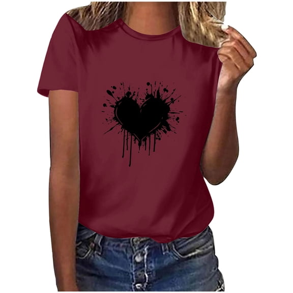 Tbopshirt Valentine's Day T-Shirts for Women Short Sleeve Graphic Tees, Plus Size Tops,Valentines Day Fashion Crewneck Printing Love Heart T-Shirt Casual Loose Womens Tops S-XXXL