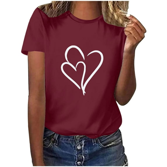 Tbopshirt Valentine's Day T-Shirts for Women Short Sleeve Graphic Tees, Plus Size Tops,Valentines Day Fashion Crewneck Printing Love Heart T-Shirt Casual Loose Womens Tops S-XXXL