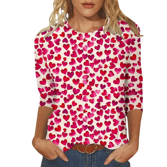 Tbopshirt Valentine's Day T-Shirts for Women 3/4 Sleeve Casual Crewneck Loose Graphic Tees Summer Plus Size Tops,S-XXXXXL