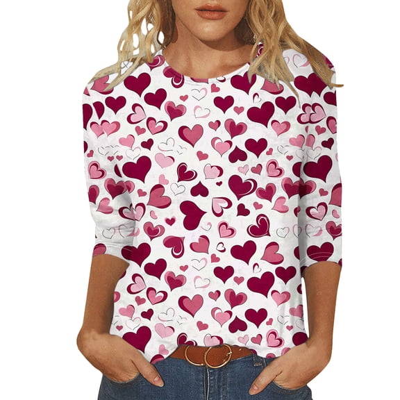 Tbopshirt Valentine's Day T-Shirts for Women 3/4 Sleeve Casual Crewneck Loose Graphic Tees Summer Plus Size Tops,S-XXXXXL