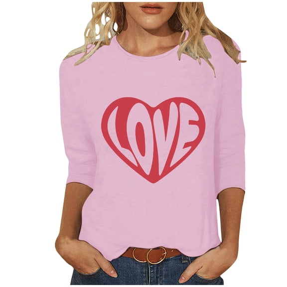 Tbopshirt Valentine's Day T-Shirts for Women 3/4 Sleeve,Casual Crewneck Loose Love Heart Graphic Tees Summer Plus Size Tops,S-XXXXXL
