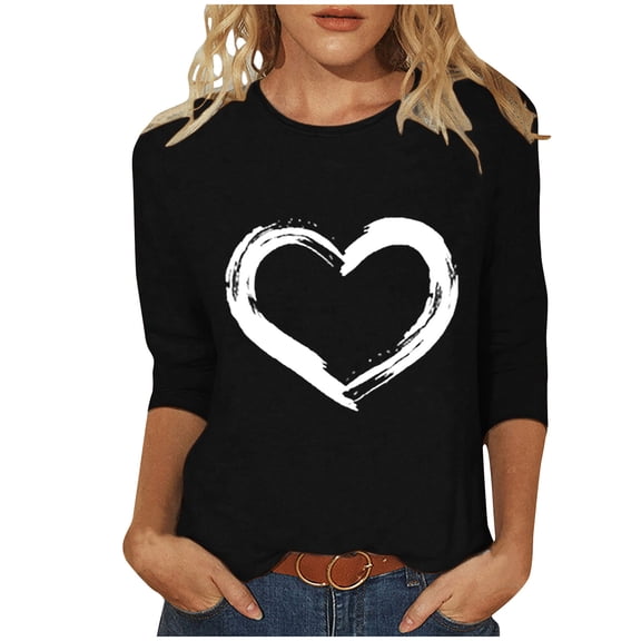 Tbopshirt Valentine's Day T-Shirts for Women 3/4 Sleeve,Casual Crewneck Loose Love Heart Graphic Tees Summer Plus Size Tops,S-XXXXXL