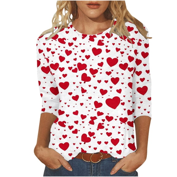 Tbopshirt Valentine's Day T-Shirts for Women 3/4 Sleeve,Casual Crewneck Loose Love Heart Graphic Tees Summer Plus Size Tops,S-XXXXXL
