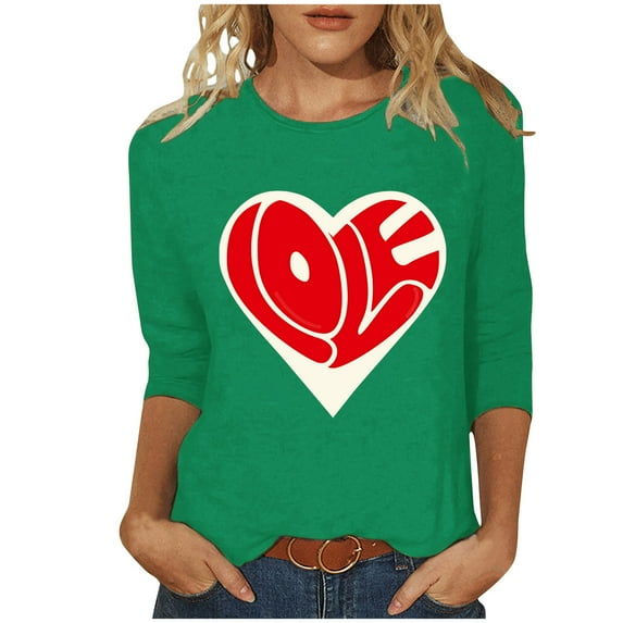 Tbopshirt Valentine's Day T-Shirts for Women 3/4 Sleeve,Casual Crewneck Loose Love Heart Graphic Tees Summer Plus Size Tops,S-XXXXXL