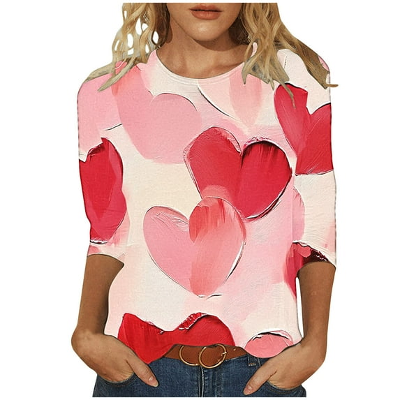 Tbopshirt Valentine's Day T-Shirts for Women 3/4 Sleeve,Casual Crewneck Loose Love Heart Graphic Tees Summer Plus Size Tops,S-XXXXXL