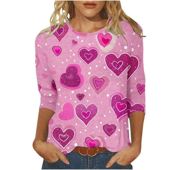 Tbopshirt Valentine's Day T-Shirts for Women 3/4 Sleeve,Casual Crewneck Loose Love Heart Graphic Tees Summer Plus Size Tops,S-XXXXXL