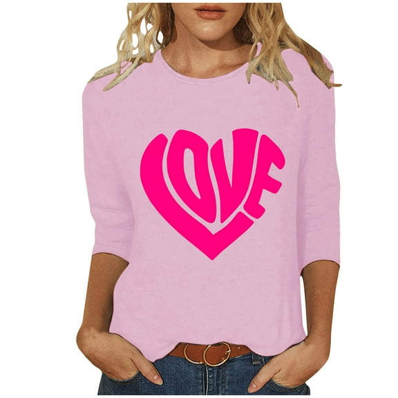 Tbopshirt Valentine's Day T-Shirts for Women 3/4 Sleeve,Casual Crewneck Loose Love Heart Graphic Tees Summer Plus Size Tops,S-XXXXXL